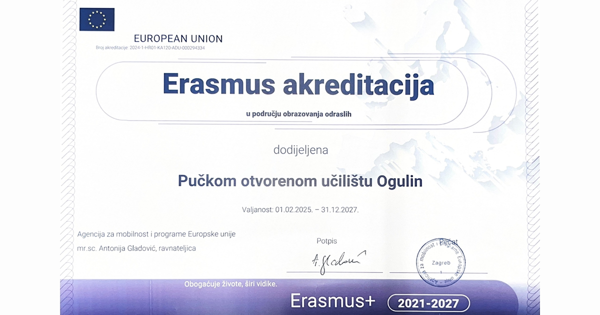 ODOBRENA SREDSTVA ZA PROJEKTNI PRIJEDLOG POU OGULIN